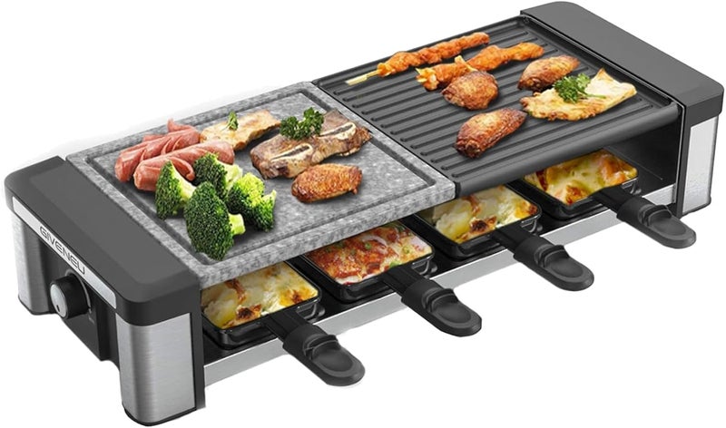 GIVENEU Raclette Grill, 1200W Electric Indoor Table Grill with Reversible Non-Stick Plate & Natural Stone | 3 in 1 BBQ Raclette with 8 Cheese Melt Pans, Wooden Spatulas & Temperature Control - Image 1